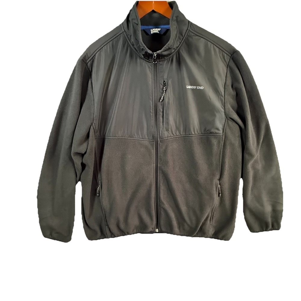 Lands' End Mens 2XL Black Fleece Jacket Full Zip Windbreaker‎ Soft Shell Coat